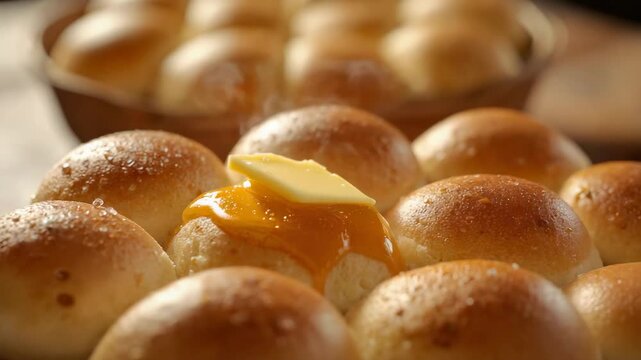 Melting butter pat on central roll, heat from roll cluster releasing steam on baking tray