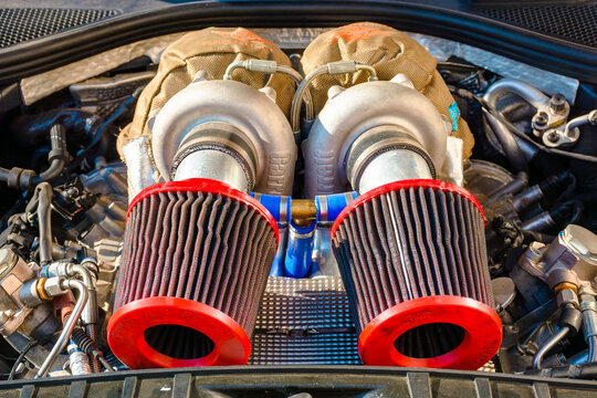 uzhhorod, ukraine - 31 nov 2021: audi gasoline car engine bay close up. perfect automotive air intake. powerful and high performance concept. background for maintenance and modification