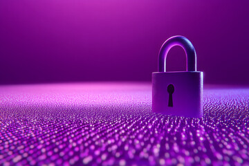 vast sea of shimmering digital data points - a radiant padlock stands as a beacon of cybersecurity and protection purple background