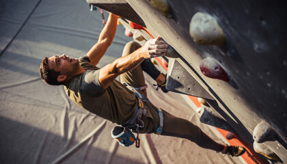 Active Young Man Climbing Indoor Rock Wall, Workout, Fitness, Training, Extreme Sport, Bouldering, Endurance, Strength, Grip, Climbing Holds, Active Lifestyle.
