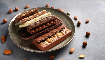 assorted chocolate bars with nuts on a plate and gray background