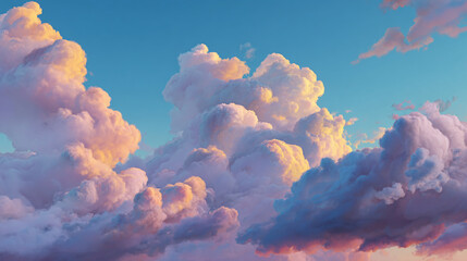 A picturesque view of puffy clouds illuminated by the soft glow of the sun