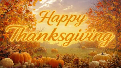 Loop starting, pulsing Happy Thanksgiving script and pumpkins brightening autumn field for greeting - Powered by Adobe