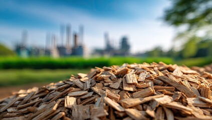 Close-up of wood chips in sunlight, with a blurred factory background