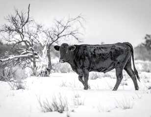 Dark cow stands in snow-covered field with bare tree in the background, captured in monochrome