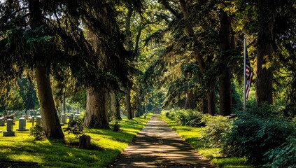 A sunlit pathway through a cemetery with lush trees and a waving flag