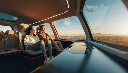 Fototapeta premium Interior of Futuristic Autonomous Vehicle with Couple Enjoying Scenic View at Sunset. Modern Transportation.