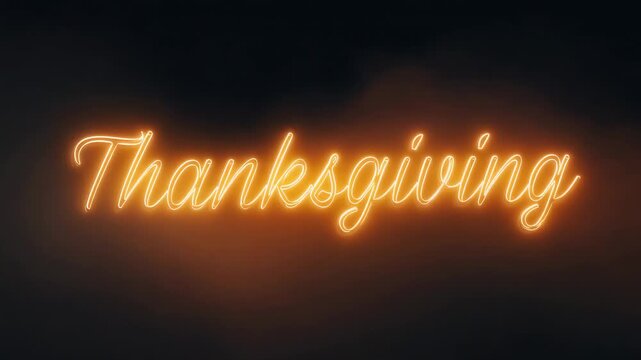 Brightening cursive neon Thanksgiving emitting halo and smoke on studio title card, evoking warmth