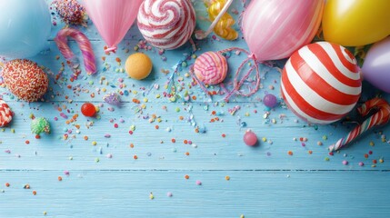 Colorful carnival birthday background with balloons, streamers, candy, and scattered confetti arranged in festive flat lay on bright blue wooden surface for celebration and party designs