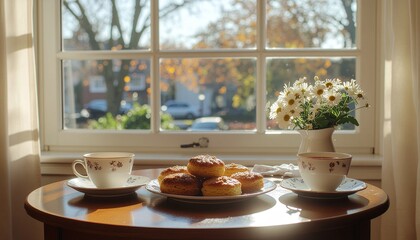 Cozy morning scene with tea and scones by the window