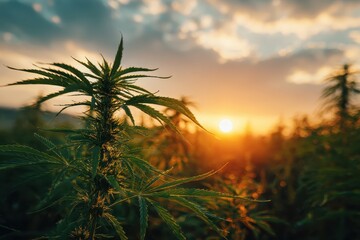 Cannabis field during sunset, marijuana plant in the foreground. Perfect for designs relating to weed, CBD, or hemp.