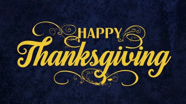 Rising gold orbs moving inward near HAPPY Thanksgiving on navy-blue backdrop, forming glitter band
