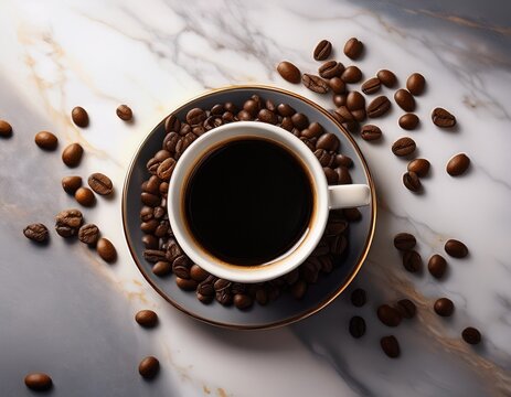 an elegant cup of black coffee placed on a marble surface surrounded by scattered roasted coffee beans conveying a sense of warmth comfort and an inviting coffee culture