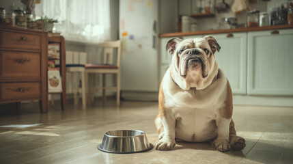 Cute fat dog sad because excess weight. Modern problem of obesity in pets due to overfeeding with food and treats. Concept diet and fight against excess weight in dogs and awareness of animal health