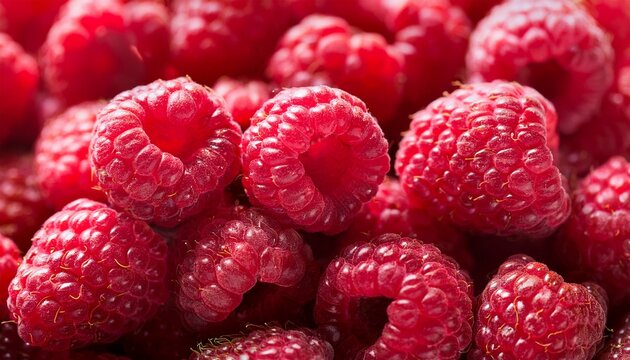 a close up of a bunch of red raspberries