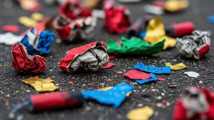 Colorful remnants of exploded fireworks and confetti littering the dark asphalt street after a celebration.