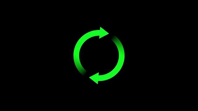 Green circular arrow rotation animation on black background, looped refresh symbol, continuous cycle, reload and synchronization icon concept