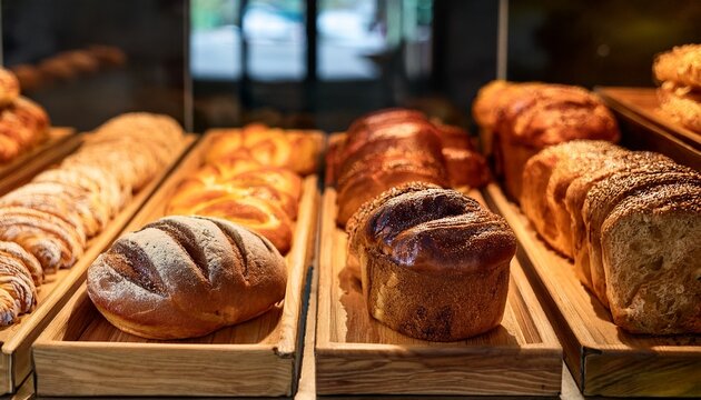 freshly baked bread and pastries displayed on wooden trays