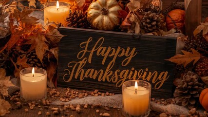 Flickering candles casting glow on plaque saying Happy Thanksgiving on wood table with pumpkins - Powered by Adobe
