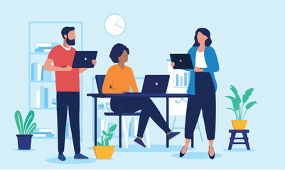  Business people working in office together standing with laptop computers in hand, talking and discussing friendly about business and project. Teamwork concept in flat design vector illustration