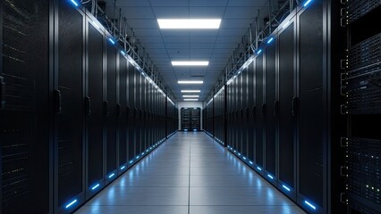 Long, futuristic corridor of a data center with rows of server racks and glowing blue lights, symbolizing modern technology and computing power.