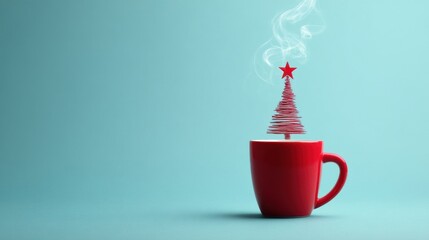 A red coffee mug sits on a light blue background with steam rising like a Christmas tree topped by a red star.
