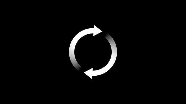 White circular arrow rotation animation on black background, looped refresh symbol, continuous cycle, reload and synchronization icon concept