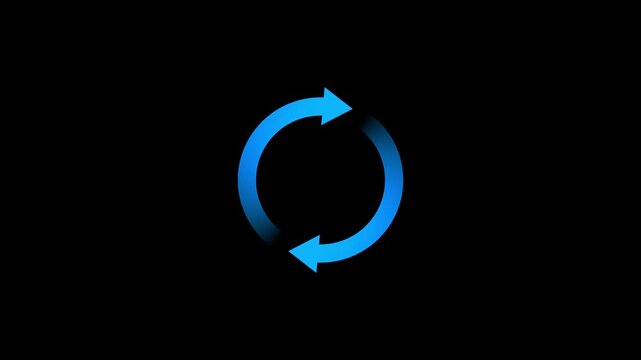 Cyan circular arrow rotation animation on black background, looped refresh symbol, continuous cycle, reload and synchronization icon concept