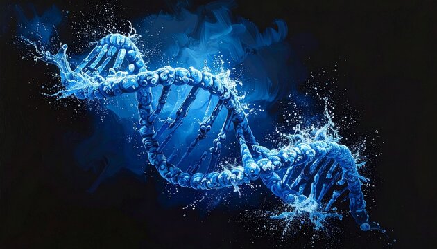 Glowing blue DNA double helix with fluid swirls and dynamic energy on cosmic background.