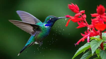 Vibrant blue and green hummingbird delicately feeding nectar from bright red flowers in a lush garden, showcasing natural beauty and wildlife.