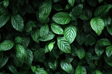 Green leaves in a dense tropical forest with raindrop after rain. Great as a background or texture for nature themed designs.