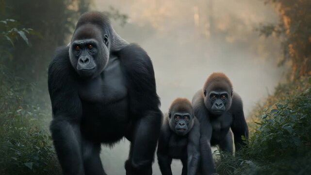 Walking adult male silverback leading two juvenile gorillas along misty forest path, soft backlight