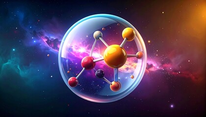 Stylized atomic structure with glowing nucleus and orbiting electrons inside transparent shell on cosmic background.