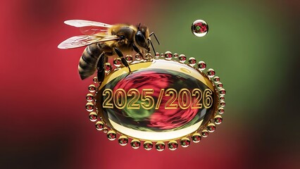 Bee Resting on Dew Droplet Reflecting Calendar Year 2025/2026