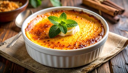 Custard dessert topped with mint, served on wooden table with cinnamon, next to brown bowl with food and linen