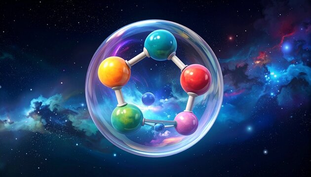 Stylized atomic structure with glowing nucleus and orbiting electrons inside transparent shell on cosmic background.
