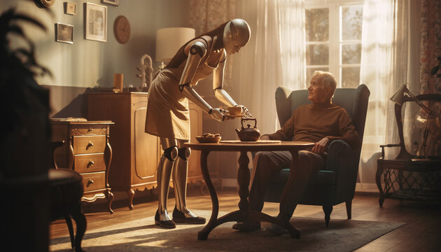 Robot Waitress Serving Tea to Elderly Man in Home AI, Automation, Healthcare, Assisted Living, Future Technology Concept.