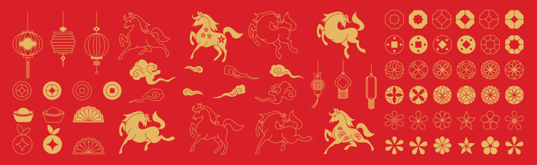 Fototapeta na wymiar Chinese New Year 2026 vector illustration for Year of the Horse with gold line art horses, lanterns, lotus flowers, cloud symbols, geometric frames, round patterns and festive decorations. Suitable fo