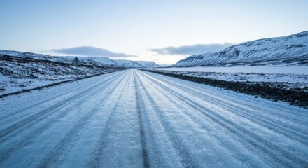 Frozen road winding through a snowy landscape.  Vast, icy highway stretches into the distance, with snow-covered hills and mountains lining the horizon. Pale blue sky