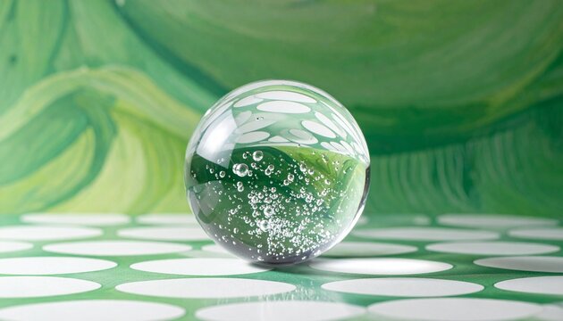 Glass sphere with internal bubbles on green polka-dot surface, reflecting abstract swirling background with optical distortion.