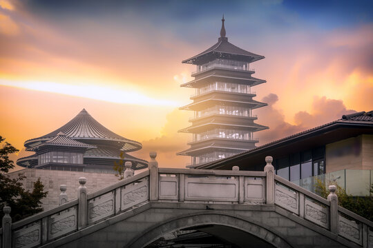 Ancient pagoda with traditional architecture under colorful sky