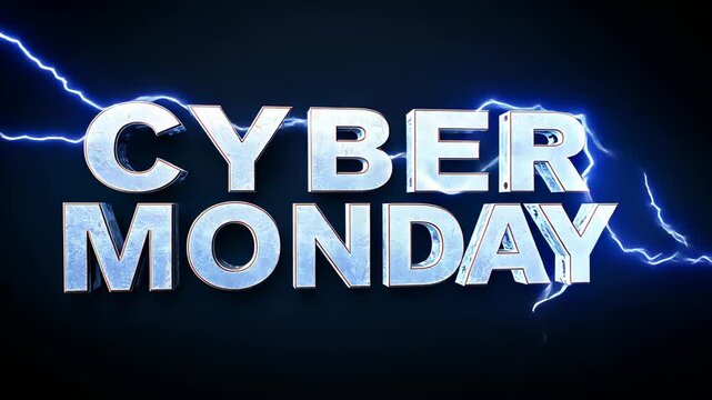 Illuminating 3D CYBER MONDAY text gaining blue rim light in promo layout, bolt entering left edge - Powered by Adobe