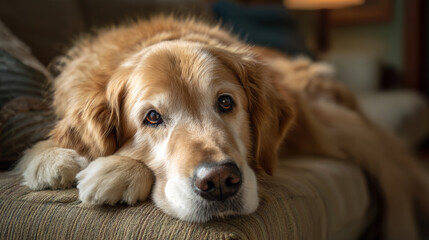 Cute fat dog sad because excess weight. Modern problem of obesity in pets due to overfeeding with food and treats. Concept diet and fight against excess weight in dogs and awareness of animal health