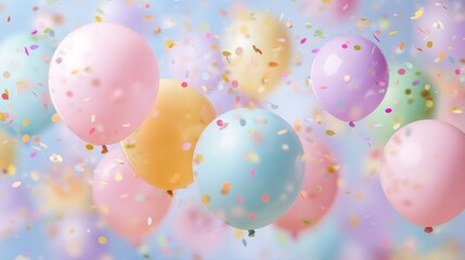 Colorful pastel balloons and sparkling confetti background for birthday celebration, festive party decorations with vibrant streamers and cheerful atmosphere