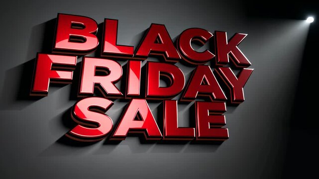 Revealing glossy 3D red BLACK FRIDAY SALE in studio as camera zooming and spotlight sweeping - Powered by Adobe