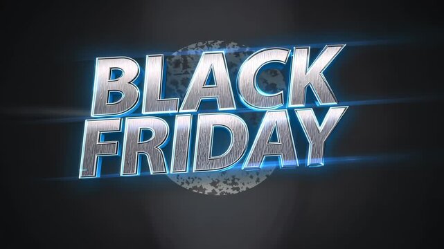 Starting animation metal BLACK FRIDAY logo scaling on studio, disc and blue rim glow promoting sale