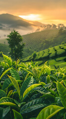 Lush Tea Plantation at Sunrise in Mountain Landscape