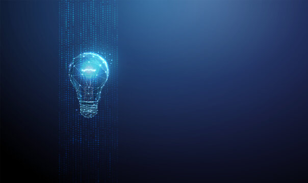 Glowing light with vertical stream of blue data particles. Creative insight, AI-driven ideas, ai, intelligent systems, digital thinking, data flow, future concept.