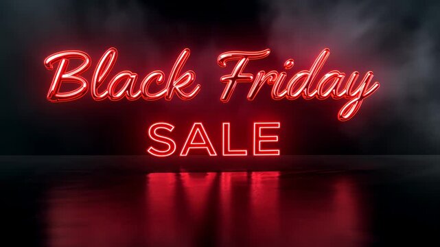 Intensifying neon sign reading Black Friday above SALE pulsing shifting fog and floor for promo