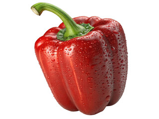 A single ripe red bell pepper with water droplets glistening on its surface isolated on transparent background